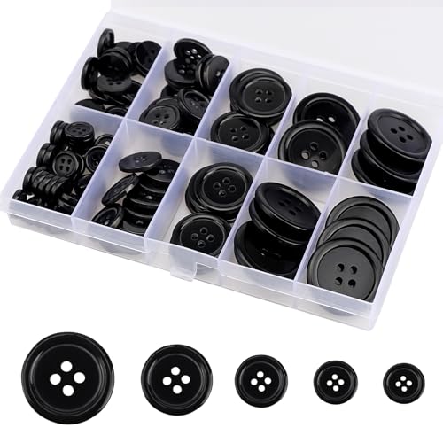 100 schwarze Harz 4-Loch große Knöpfe, Knöpfe schwarz (10-25 mm), Knöpfe für Mantel, Knöpfe zum Annähen schwarz – geeignet für das Nähen von Kleidung, Mänteln und Hemden – mit Aufbewahrungsbox von Lrocotanc