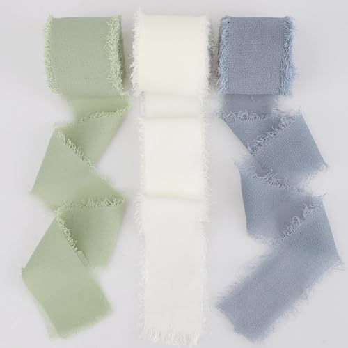 3er Set Schleifenband Blau, Grün, Weiß – Breites Chiffonband mit Fransen, 5 m x 30 mm – Perfektes Geschenkband für kreative DIY-Projekte und als Schleifenband Hochzeit von Lrocotanc