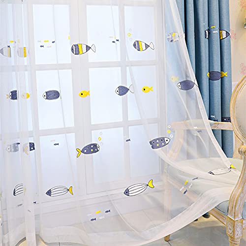 Lsimeru Fischemuster Vorhänge Transparent Weiß Ösen 2er Set Tülle Gardinen Kinderzimmer Jungen Durchsichtig Tiere Stickerei Babyzimmer Schlafzimmer,225x140 von Lsimeru