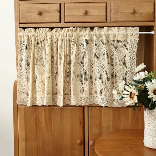 Lsimeru Boho Bistrogardine Landhausstil Vintage Diamant Häkel Scheibengardine Häkeloptik Kurz Küch Gewebt Kurzstores Kurzgardinen Küchenvorhänge Fenstergardinen 1 Stück,110x45cm von Lsimeru