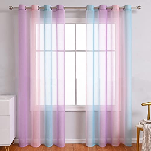 Lsimeru Gardine Farbverlauf Transparent Lila Rosa Blau Kinderzimmer Mädchen Jungen 2er Pack Regenbogen Sheer Vorhänge Durchsichtig Ösenvorhang Kindervorhänge Babyzimmer,140x240 von Lsimeru