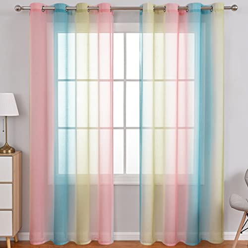 Lsimeru Gardine Farbverlauf Transparent Rosa Blau Gelb Kinderzimmer Mädchen Jungen 2er Pack Regenbogen Sheer Vorhänge Durchsichtig Ösenvorhang Kindervorhänge Babyzimmer,100x200 von Lsimeru