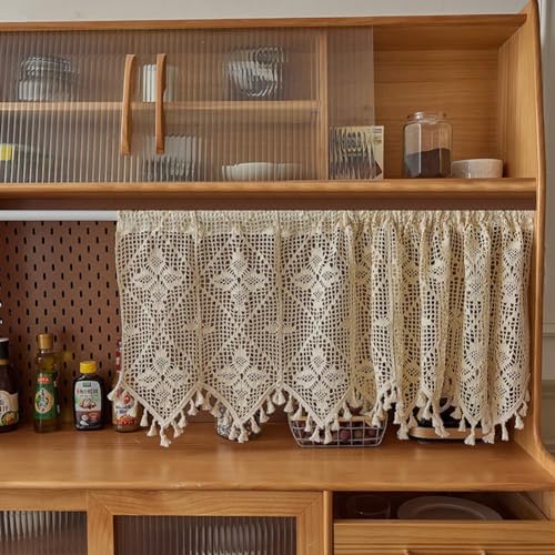 Lsimeru Häkeltgardine Landhausstil Vintage Kurz Geometrische Blätter Häkelspitze Scheibengardinen Bistrogardine Häkeloptik Kurzstores Gardinen Häkeln Kurzvorhang Kurzgardinen mit Quasten,130x45cm von Lsimeru