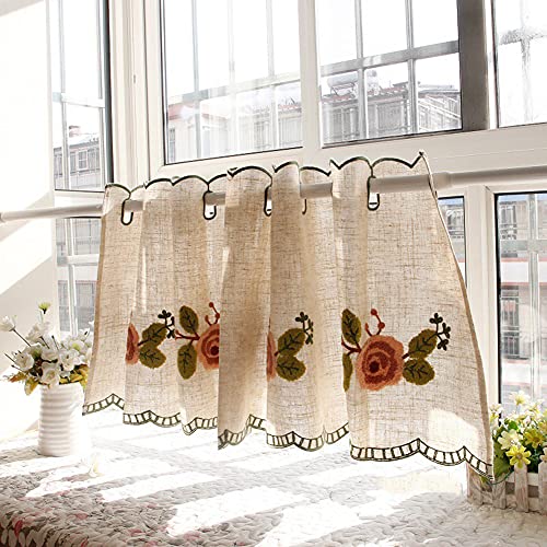 Lsimeru Scheibengardine Vintage Shabby Chic Kurz Stickerei Rose Muster Halbtransparent Landhaus Küchenvorhänge Fenster Kurzstore Baumwolle Romantisch Rustikal Kurzgardinen 1 Stück,195x42cm von Lsimeru