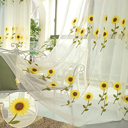 Lsimeru Sonnenblume Vorhang Durchsichtig mit Stickerei Muster Mädchen Baby Kinder Voile Gardinen Vorhänge Kräuselband Gardinenschals für Kinderzimmer 2er Set 140x260 von Lsimeru