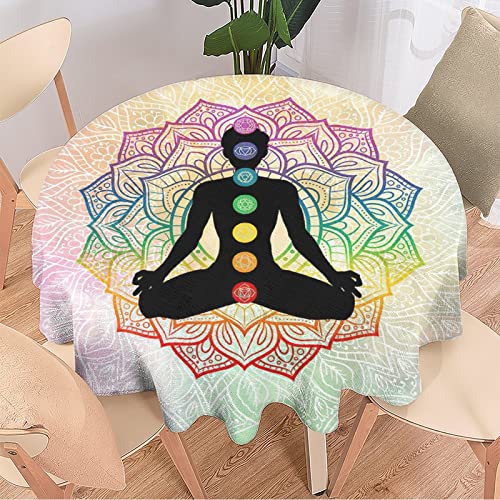 Bunte Yoga-Tischdecke, rund, Heimdekoration, klassische Mode, böhmischer Stil, Mandala, psychedelisch, sieben Chakren auf Meditation, Yoga, wasserdicht, ölfest, auslaufsicher, langlebig, runde Tischde von Lsjuee