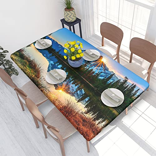 Tischdecke Elastische Passkante Mountain Sunrise Tischdecke Rechteckige Tischdecke Waschbar Wiederverwendbar für Küche Esszimmer Picknick Party Passender Tisch 4ft / 48 X 30 Zoll von Lsjuee