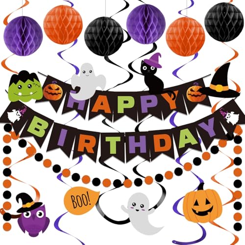 Halloween Geburtstag Banner - Happy Birthday Banner mit Wabenball, Halloween Hanging Swirl Streamer Kreis Punkt Girlande Dekorationen - Halloween Thema Geburtstag Party Dekoration von Lsoar