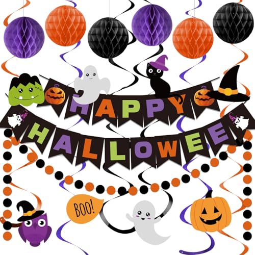 Happy Halloween Banner, Halloween Banner mit Wabenball, Halloween Hanging Swirl Streamer Kreis Punkt Girlande Dekorationen für Halloween Thema Party Dekorationen von Lsoar