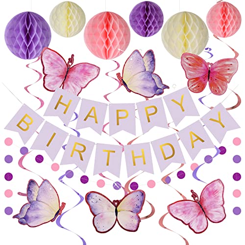 Lsoar Lila Geburtstagsdekorationen, Alles Gute zum Geburtstag Banner mit 16pcs Schmetterlinge Hanging Swirl Luftschlangen, 12pcs Honeycomb Bälle, Geburtstag Party Dekorationen für Frauen Mädchen von Lsoar