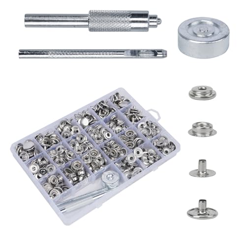 Luabue 100 Sets Druckknopf Set Metall Druckknöpfe Silber 15mm Kleidung Snaps Taste mit Fixierwerkzeug Kit für Leder Handwerk Jacke Brieftasche Handtasche von Luabue