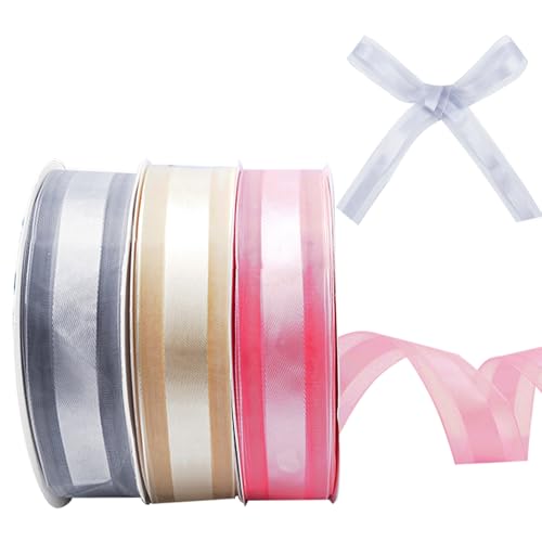 Luabue 25 mm Organzabänder zum Verpacken von Geschenken, 3 Rollen 45 m rosa Bänder, cremefarbene Bänder, doppelseitiges Band zum Basteln, für Blumensträuße, Hochzeit, Haarschleifen, Kuchendekoration von Luabue