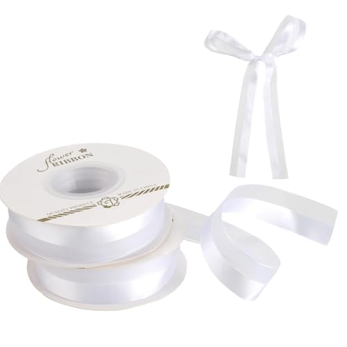 Luabue 25 mm weiße Bänder zum Verpacken von Geschenken, 2 Rollen 22 m weiße Satinbänder, doppelseitig, weiße Organzabänder zum Basteln von Blumensträußen, Hochzeiten, Autoschleifen, Kuchen, von Luabue