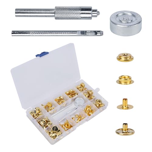 Luabue 32 Sets Druckknopf Set Metall Druckknöpfe Gold 15mm Kleidung Snaps Taste mit Fixierwerkzeug Kit für Leder Handwerk Jacke Brieftasche Handtasche von Luabue