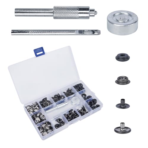 Luabue 32 Sets Druckknopf Set Metall Druckknöpfe Schwarzen 15mm Kleidung Snaps Taste mit Fixierwerkzeug Kit für Leder Handwerk Jacke Brieftasche Handtasche von Luabue