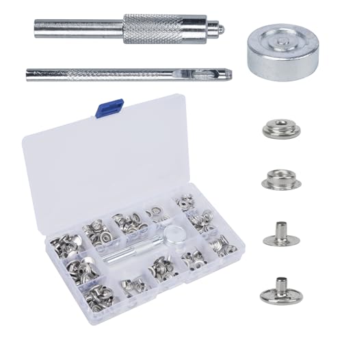 Luabue 32 Sets Druckknopf Set Metall Druckknöpfe Silber 15mm Kleidung Snaps Taste mit Fixierwerkzeug Kit für Leder Handwerk Jacke Brieftasche Handtasche von Luabue