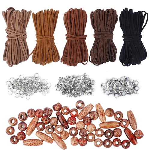 Luabue 5 Farben Lederband Lederschnur 2.6mm x 10m Faux Wildleder Schnur Künstlich Lederschnüre mit Accessoires und Holzperlen Lederbänder für Ketten DIY Armband Halskette Schmuck Handwerk von Luabue