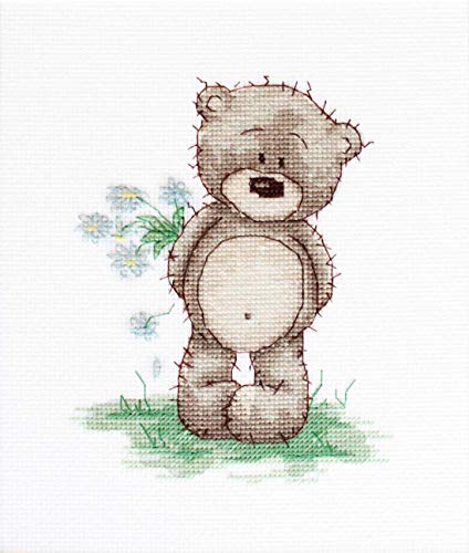 Luca-S Bruno Teddybär mit Blumenstrauß Kreuzstichset, Baumwolle, Mehrfarbig, 10,5x13,5cm von LUCAS