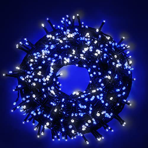 LUCCIKA® Zweifarbige Lichterkette 15 Meter mit 300 LEDs Farbe blau + weiß Eis für den Außen- und Innenbereich 31 V Controller mit 8 Spielen und grünem Kabelspeicher von Luccika