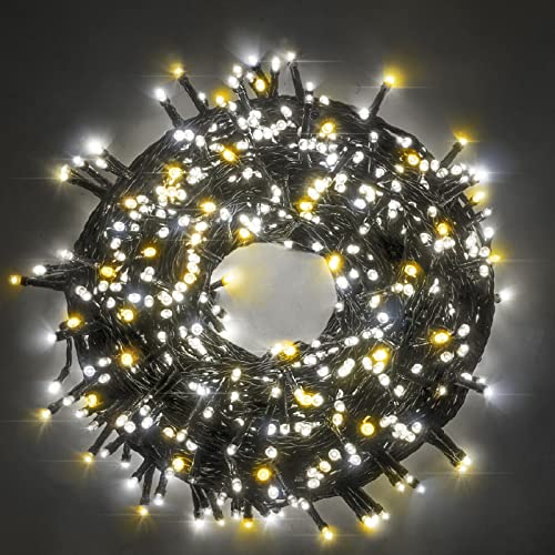 LUCCIKA Zweifarbige Lichterkette 5 Meter mit 100 LEDs Farbe Eis Weiß + Warmweiß für den Innen- und Außenbereich Controller 31 V mit 8 Spielen und Kabelspeicher Grün von Luccika