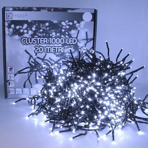 Luccika, Cluster-Lichterkette, Eisweiß, 20 Meter, 1000 LEDs, Ø 3 mm, Lichterkette für Weihnachtsbaum, 4 Lichteffekte, Fernbedienung, Timer, grünes Kabel IP44, Verwendung im Innen- und Außenbereich von Luccika