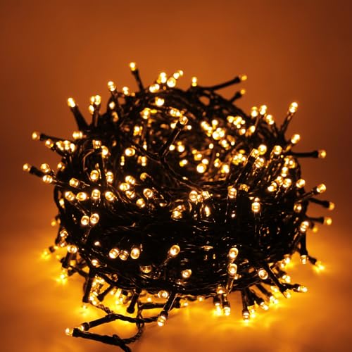 Luccika Lichterkette 15 Meter mit 300 goldenen LEDs für Weihnachtsbaum für Außen und Innen Controller 31 V mit 8 Lichtspielen und Speicher grünes Kabel von Luccika