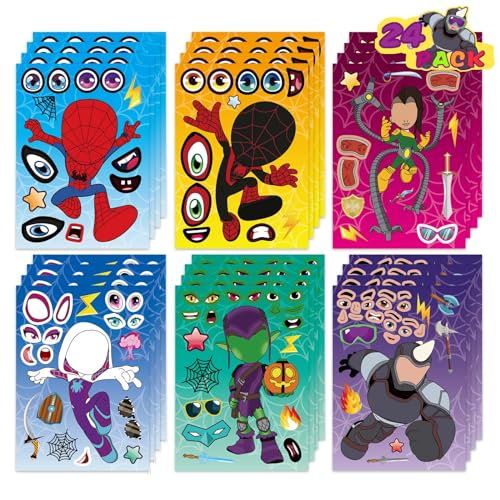 24 Stück Spidey DIY Gesichtsaufkleber – Helden Geschenkidee für Kinder, Anime Spider Sticker für Party Mitgebsel, Goodie Bag Füllungen, Laptop, Motorrad, Scrapbook & Skateboard Partydeko von Lucckiki