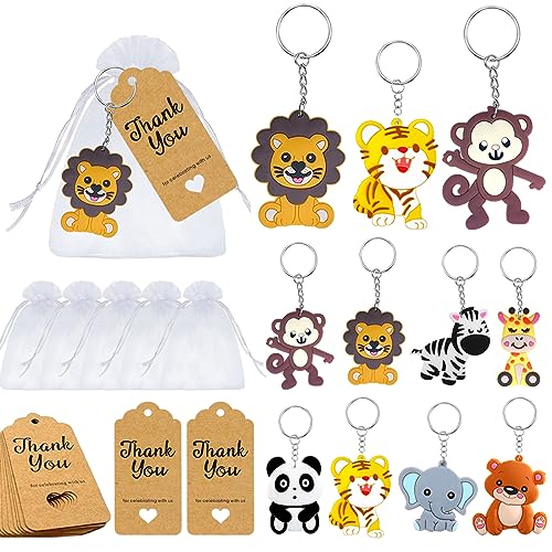 24 Sets Mini Schlüsselanhänger,Tier Schlüsselanhänger mit Kraft Tags und weiße Organza Taschen,Babyparty als Gastgeschenk,Dschungel Party Kinder Geburtstag Geschenk von Luccyle