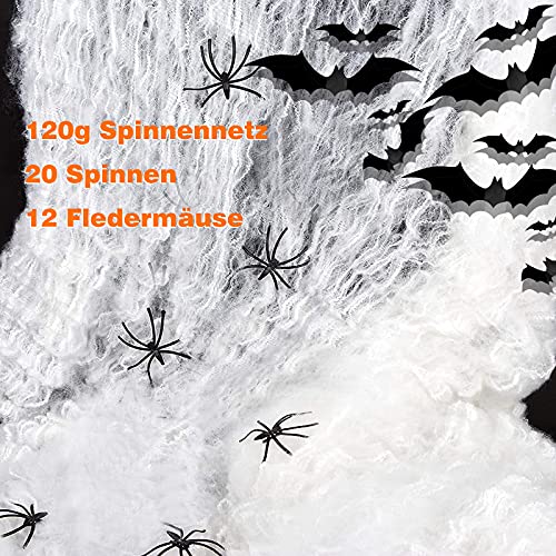 Halloween Deko Spinnennetz, Spinnennetz Deko mit 120g Spinnenweben,20 Spinnen und 12 Fledermäuse für Innen/Außen, Garten, Spukhaus & Partyzubehör - Schaurige Atmosphäre für Ihre Halloween-Feier von Lucgifou