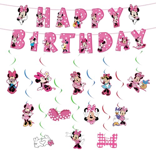 Luchild 14PCS Minnie Maus Geburtstag Deko Mädchen Mini Maus Bunting Girlande Hängende Deko Rosa Geburtstagsdeko Swirl Decorations Happy Birthday Banner für Mickey Kindergeburtstag Thema Party Deko von Luchild