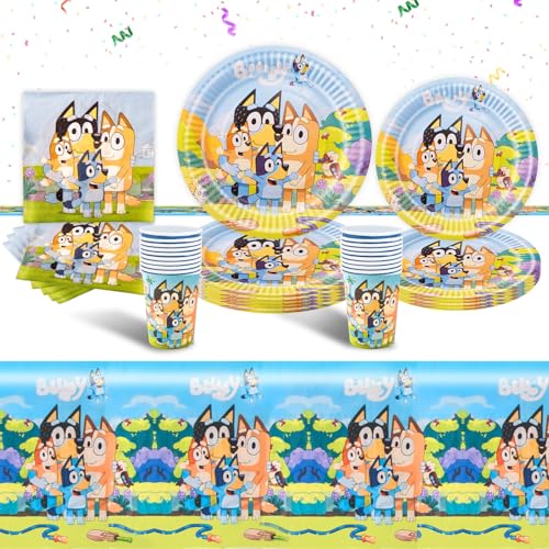 Luchild Blue-y Pappteller Kindergeburtstag Deko- Blau Dog Geburtstag Deko Partygeschirr Set Geburtstagsdeko Mädchen Junge Geschirr Party Supplies Kit Teller Tischdecke Servietten Tassen 10 Kinder von Luchild