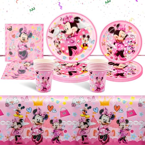 Luchild Minnie Pappteller Kindergeburtstag Deko- 51PCS Rosa Minie Mouse Geburtstag Geschirr Kit Partygeschirr Party Supplies Set Teller Tischdecke Servietten Tassen Mädchen Geburtstagsdeko Kinder von Luchild