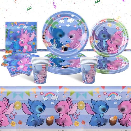 Luchild Stit-ch Partygeschirr Set- 51Pcs Blau Pappteller Kindergeburtstag Geburtstag Geschirr Set, Mädchen Junge Geburtstag Deko Party Supplies Set Becher Teller Tischdecke Servietten Tassen 10 Gäst von Luchild