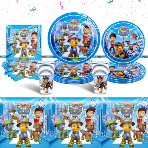 Pappteller Kindergeburtstag Deko- 51 Pcs Blau Dog Geburtstag Deko Kinder Birthday Partygeschirr Set Geburtstagsdeko Mädchen Junge Geschirr Party Tableware Supplies Teller Tischdecke Servietten Tassen von Luchild