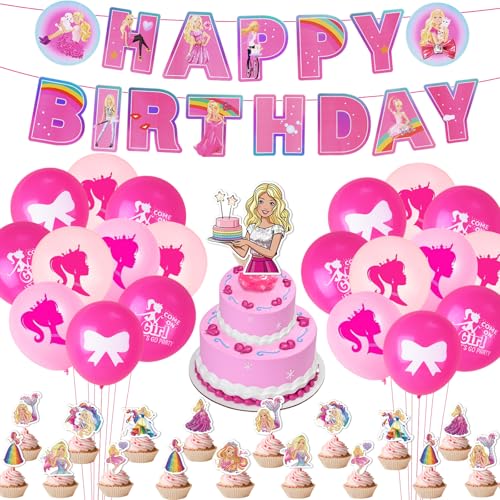 Prinzessin Luftballon Geburtstag Deko Madchen Rosa Bar- Bie Ballon Geburtstagsdeko Barbi Girlande Folienballon Happy Birthday Banner Tortendeko für Kindergeburtstag Barbi Party Zubehör Supplies Deko von Luchild