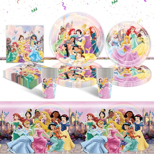 Prinzessin Partygeschirr Set- 51 Pcs Mädchen Prinzessin Geburtstag Deko Cartoon Pappteller Kindergeburtstag Partyzubehör Set Rosa Geschirr Party Supplies Teller Tischdecke Servietten Tassen 20 Kinder von Luchild