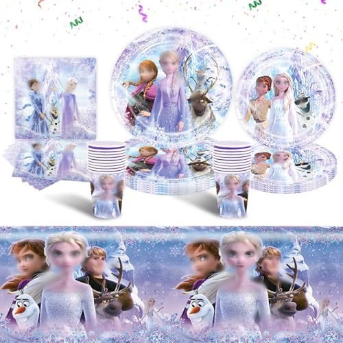 Prinzessin Partygeschirr Set- 51Pcs Froz-en Partyzubehör Pappteller Kindergeburtstag Deko Eisprinzessin Geburtstagsdeko Party Tableware Supplies Kit mit Teller Tischdecke Servietten Tassen für Mädchen von Luchild