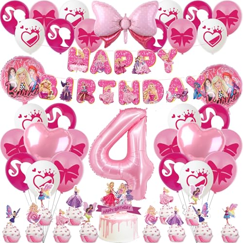 Rosa Prinzessin Geburtstagsdeko Mädchen 4 Jahre Kindergeburtstag Deko, Bar-bie Balloon Geburtstag Deko Happy Birthday Banner Luftballons Girlande Tortendeko Folienballon für Kinder Ballon Party Deko von Luchild