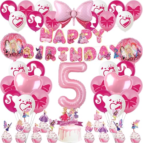 Rosa Prinzessin Geburtstagsdeko Mädchen 5 Jahre Kindergeburtstag Deko, Bar-bie Balloon Geburtstag Deko Happy Birthday Banner Luftballons Girlande Tortendeko Folienballon für Kinder Ballon Party Deko von Luchild