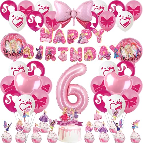 Rosa Prinzessin Geburtstagsdeko Mädchen 6 Jahre Kindergeburtstag Deko, Bar-bie Balloon Geburtstag Deko Happy Birthday Banner Luftballons Girlande Tortendeko Folienballon für Kinder Ballon Party Deko von Luchild