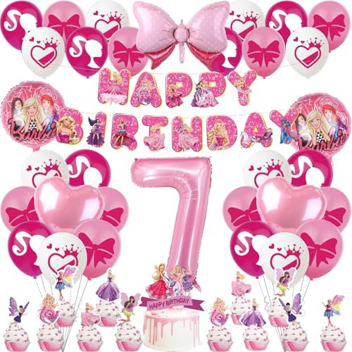 Rosa Prinzessin Geburtstagsdeko Mädchen 7 Jahre Kindergeburtstag Deko, Bar-bie Balloon Geburtstag Deko Happy Birthday Banner Luftballons Girlande Tortendeko Folienballon für Kinder Ballon Party Deko von Luchild