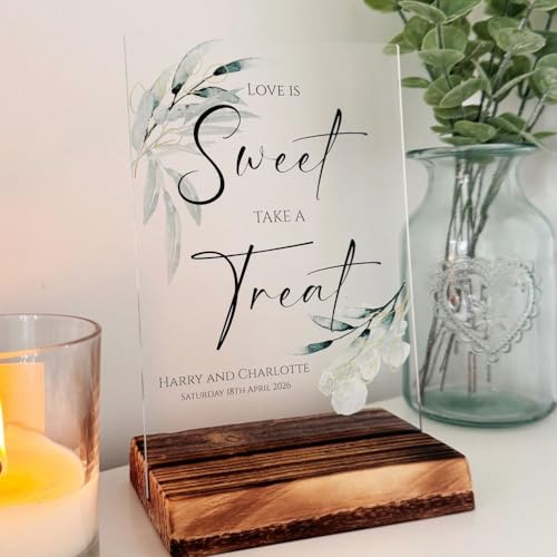 Personalisierbares Botanical Love is Sweet Schild Acryl Hochzeit Party Sweet Bar Schild Sweet Cart Tisch Schild Dessert Bar Schild Kuchen Tisch Schild A5 von Luck and Luck