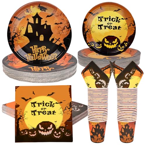 Luck.WH 200 Stück Halloween-Teller und Servietten, Becher, 50 Stück, Vollmond Orange Kürbis, Einweg-Papier, Abendessen, Dessertteller, Cocktail-Servietten, Tassen, Geschirr-Set, von Luck.WH