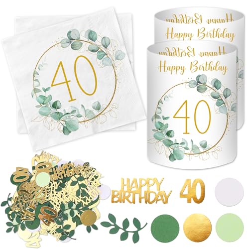 20 Stück Servietten 40 Geburtstag+ 12 Stück Windlicht Tischdeko 40 Geburtstag + 100 Stück Konfetti 40 Geburtstag Deko Grün, Deko 40. Geburtstag Frau Mann, 40 Jahre Happy Birthday Deko Eukalyptus von Luckeey