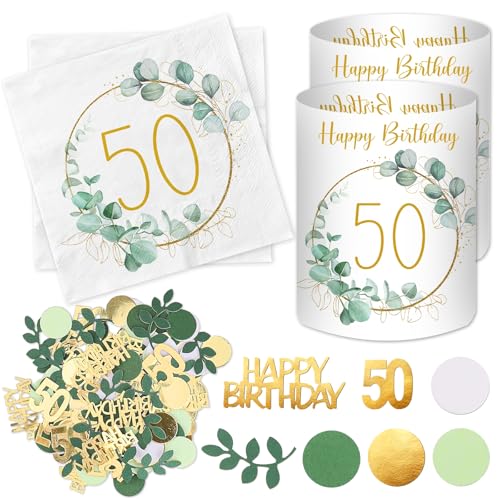 20 Stück Servietten 50 Geburtstag+ 12 Stück Windlicht Tischdeko 50 Geburtstag + 100 Stück Konfetti 50 Geburtstag Deko Grün, Deko 50. Geburtstag Frau Mann, 50 Jahre Happy Birthday Tischdeko Eukalyptus von Luckeey