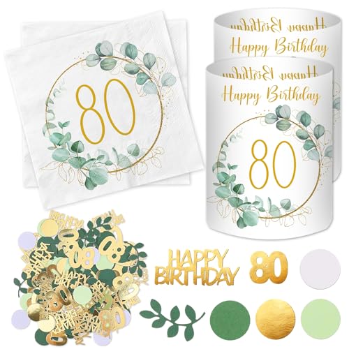 20 Stück Servietten 80 Geburtstag+ 12 Stück Windlicht Tischdeko 80 Geburtstag + 100 Stück Konfetti 80 Geburtstag Deko Grün, Eukalyptus Tisch Deko 80 Jahre, Geschenke zum 80 Geburtstag Frau Mann von Luckeey