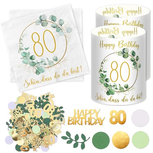 20 Stück Servietten 80 Geburtstag+ 12 Stück Windlicht Tischdeko 80 Geburtstag + 100 Stück Konfetti 80 Geburtstag Deko Grün, Eukalyptus Tisch Deko 80 Jahre, Geschenke zum 80 Geburtstag Frau Mann von Luckeey