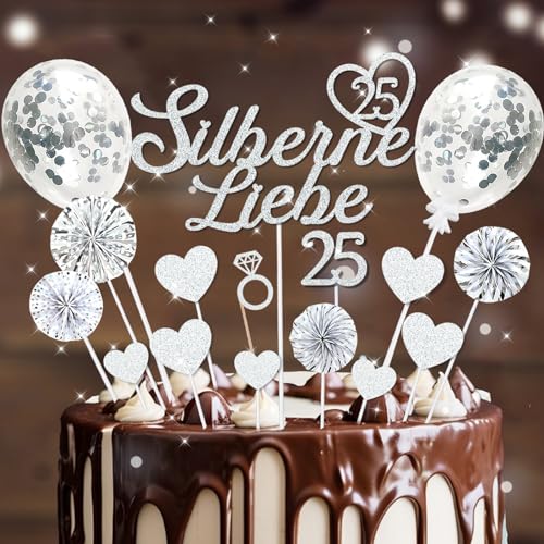 20 Stück Tortendeko Silberhochzeit, 25 Silberne Liebe Cake Topper, Glitzer Silber 25 Hochzeitstag Kuchendeko, Kuchen Deko Silberhochzeit Geschenk von Luckeey