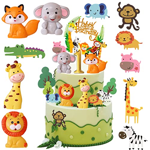 16 Stück Tortendeko 1. Geburtstag, Safari Zoo Dschungel Tortendeko, Wald Tiere Happy Birthday Kuchendeko, Waldtiere Figuren Cake Topper 1. Geburtstag, Torten Deko für 1 Jahr Junge Mädchen von Luckeey