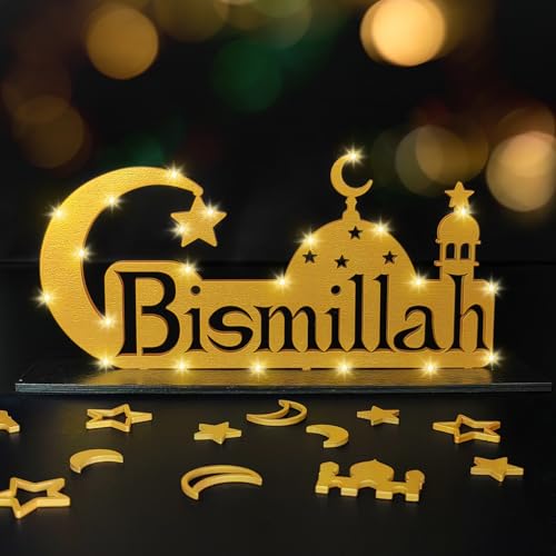 Bismillah Deko, Bismillah Freistehendes Tischschild, Ramadan Dekoration Islam Deko, Bismillah Tischdeko, Alhamdulillah Deko,Bismillah Tischständer mit LED-Umgebungslicht, Islamische Dekoration von Luckeey